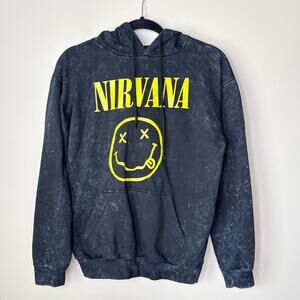 Nirvana Unisex Pullover Hoodie Sweatshirt Yellow Smiley Black Acid Wash SZ Small